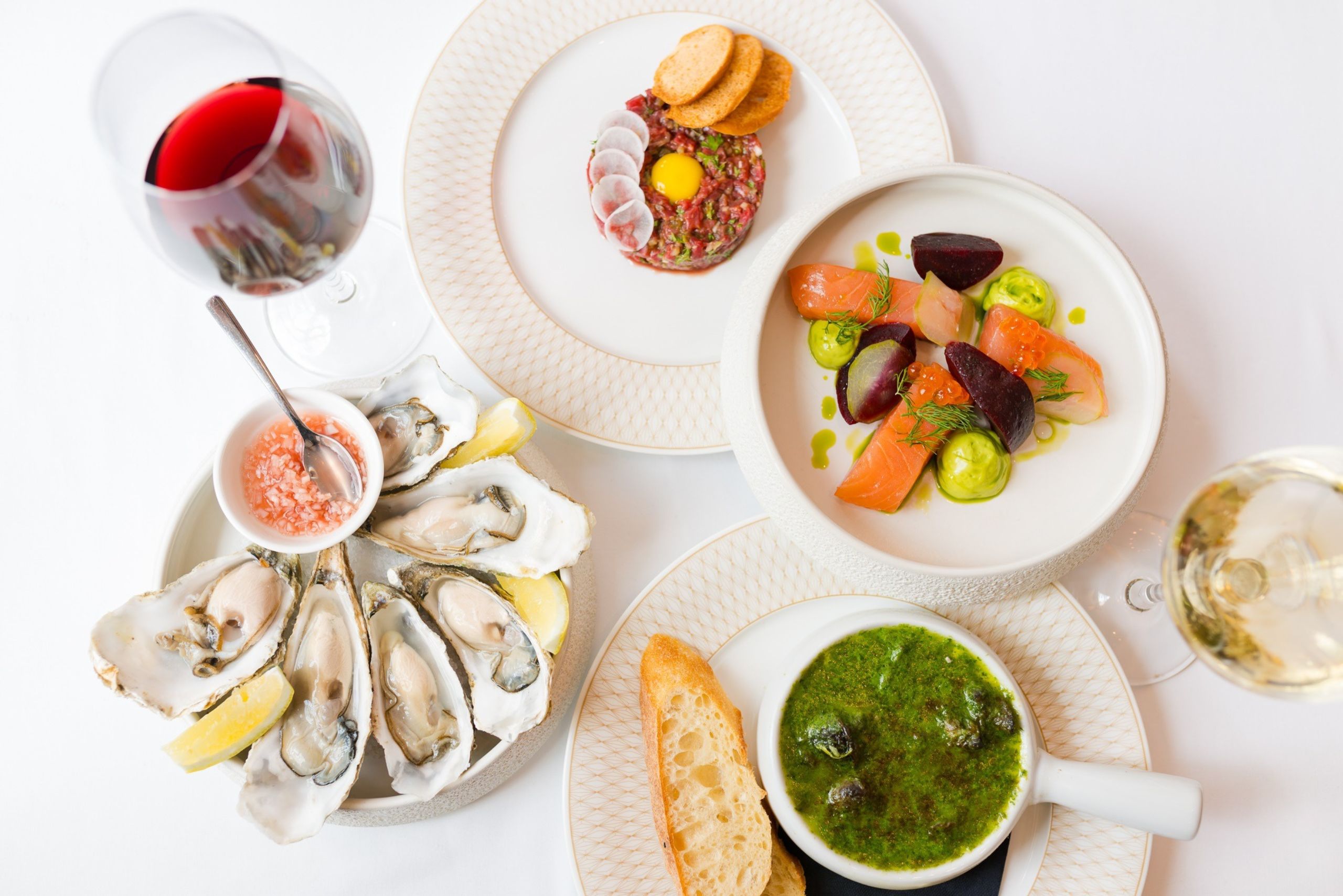 Selection of dishes and wines at Brasserie Ambassade in Amsterdam.